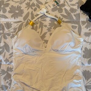 Tummy Control. White Halter Swimsuit with Gold Accents